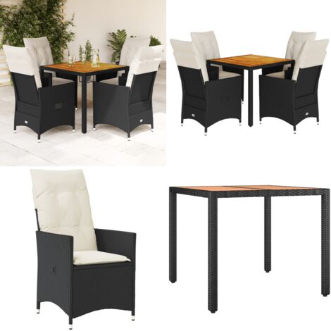 Set da Pranzo da Giardino 5 pz Nero con Cuscini in Polyrattan - Sedie da giardino reclinabili - Tavolo da giardino