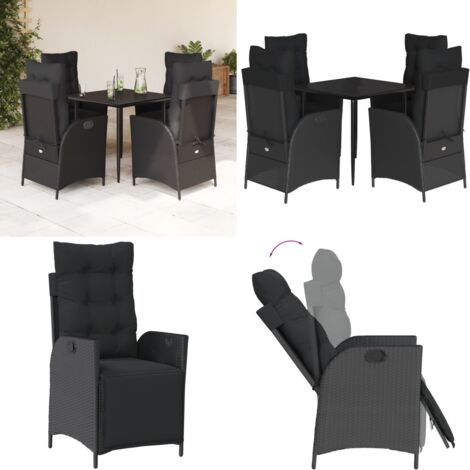 Set da Pranzo da Giardino 5 pz Nero con Cuscini in Polyrattan - Sedie da giardino reclinabili - Tavolo da giardino