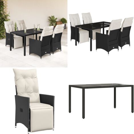 Set da Pranzo da Giardino 5 pz Nero con Cuscini in Polyrattan - Sedie da giardino reclinabili - Tavolo da giardino