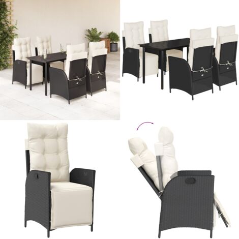 Set da Pranzo da Giardino 5 pz Nero con Cuscini in Polyrattan - Sedie da giardino reclinabili - Tavolo da giardino