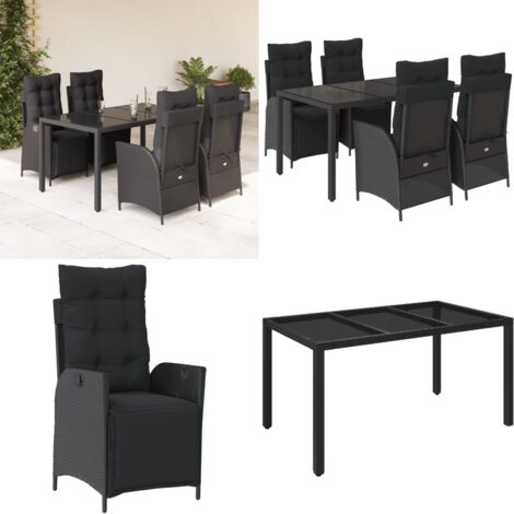 Set da Pranzo da Giardino 5 pz Nero con Cuscini in Polyrattan - Sedie da giardino reclinabili - Tavolo da giardino