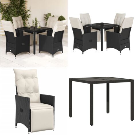 Set da Pranzo da Giardino 5 pz Nero con Cuscini in Polyrattan - Sedie da giardino reclinabili - Tavolo da giardino