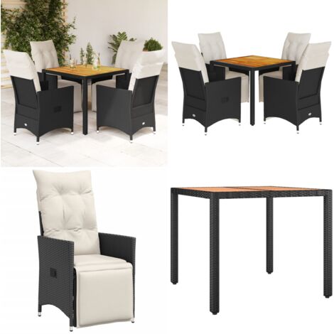 Set da Pranzo da Giardino 5 pz Nero con Cuscini in Polyrattan - Sedie da giardino reclinabili - Tavolo da giardino