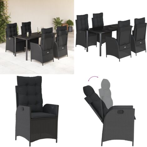 Set da Pranzo da Giardino 5 pz Nero con Cuscini in Polyrattan - Sedie da giardino reclinabili - Tavolo da giardino