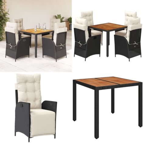 Set da Pranzo da Giardino 5 pz Nero con Cuscini in Polyrattan - Sedie da giardino reclinabili - Tavolo da giardino