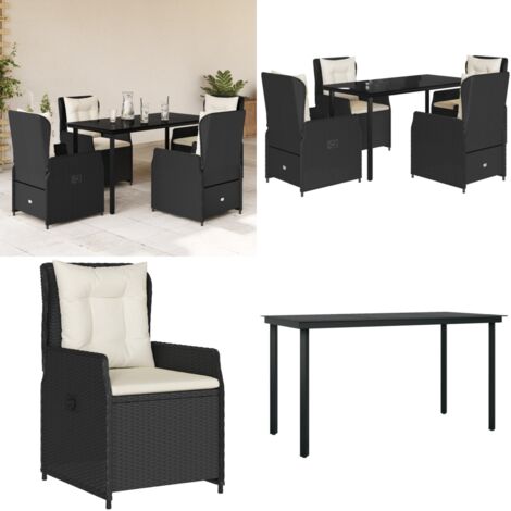 Set da Pranzo da Giardino 5 pz Nero con Cuscini in Polyrattan - Sedie da giardino reclinabili - Tavolo da giardino
