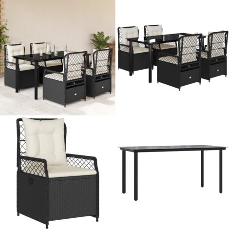 Set da Pranzo da Giardino 5 pz Nero con Cuscini in Polyrattan - Sedie da giardino reclinabili - Tavolo da giardino