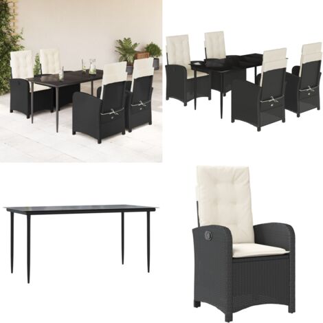 Set da Pranzo da Giardino 5 pz Nero con Cuscini in Polyrattan - Sedie da giardino reclinabili - Tavolo da giardino
