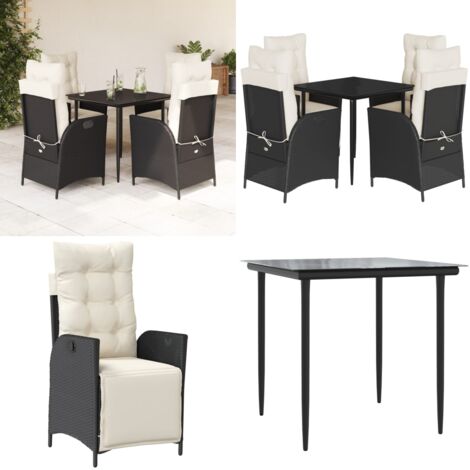 Set da Pranzo da Giardino 5 pz Nero con Cuscini in Polyrattan - Sedie da giardino reclinabili - Tavolo da giardino