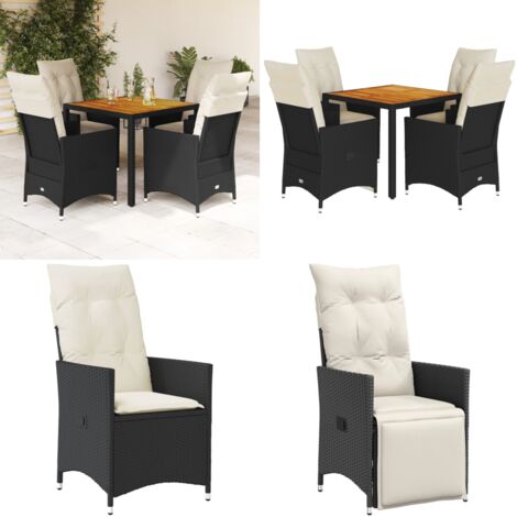 Set da Pranzo da Giardino 5 pz Nero con Cuscini in Polyrattan - Sedie da giardino reclinabili - Tavolo da giardino