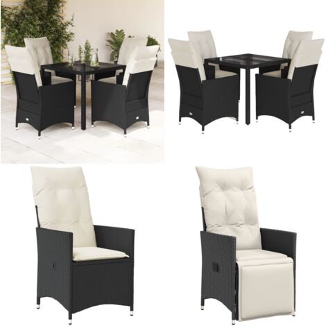 Set da Pranzo da Giardino 5 pz Nero con Cuscini in Polyrattan - Sedie da giardino reclinabili - Tavolo da giardino