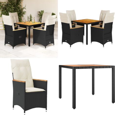 Set da Pranzo da Giardino 5 pz Nero con Cuscini in Polyrattan - Sedie da giardino reclinabili - Tavolo da giardino