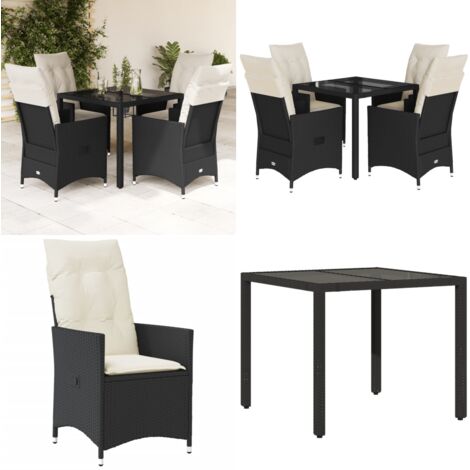 Set da Pranzo da Giardino 5 pz Nero con Cuscini in Polyrattan - Sedie da giardino reclinabili - Tavolo da giardino