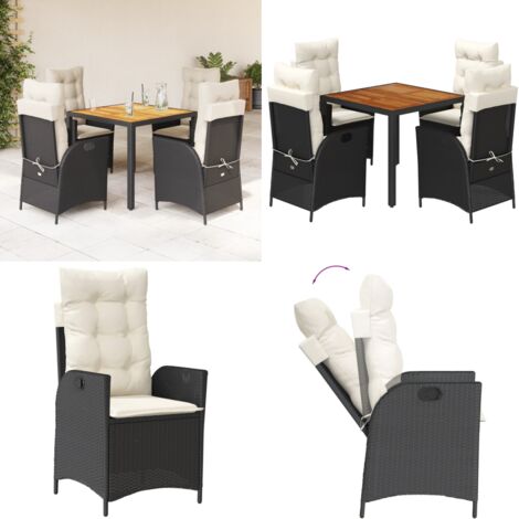 Set da Pranzo da Giardino 5 pz Nero con Cuscini in Polyrattan - Sedie da giardino reclinabili - Tavolo da giardino