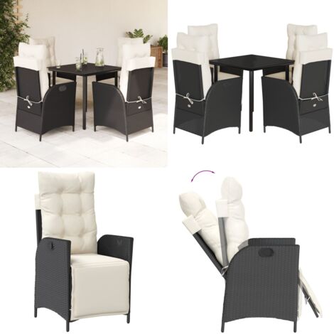 Set da Pranzo da Giardino 5 pz Nero con Cuscini in Polyrattan - Sedie da giardino reclinabili - Tavolo da giardino