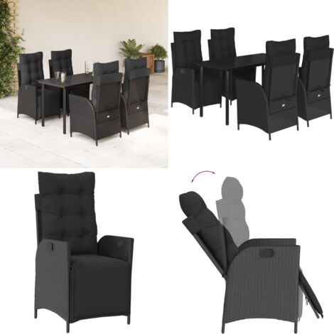Set da Pranzo da Giardino 5 pz Nero con Cuscini in Polyrattan - Sedie da giardino reclinabili - Tavolo da giardino
