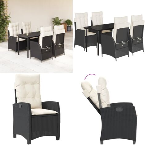 Set da Pranzo da Giardino 5 pz Nero con Cuscini in Polyrattan - Sedie da giardino reclinabili - Tavolo da giardino