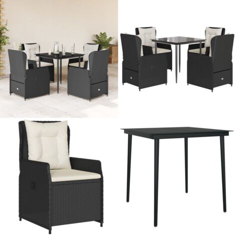 Set da Pranzo da Giardino 5 pz Nero con Cuscini in Polyrattan - Sedie da giardino reclinabili - Tavolo da giardino