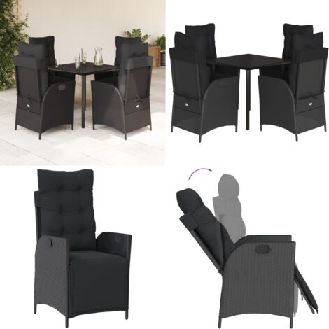 Set da Pranzo da Giardino 5 pz Nero con Cuscini in Polyrattan - Sedie da giardino reclinabili - Tavolo da giardino