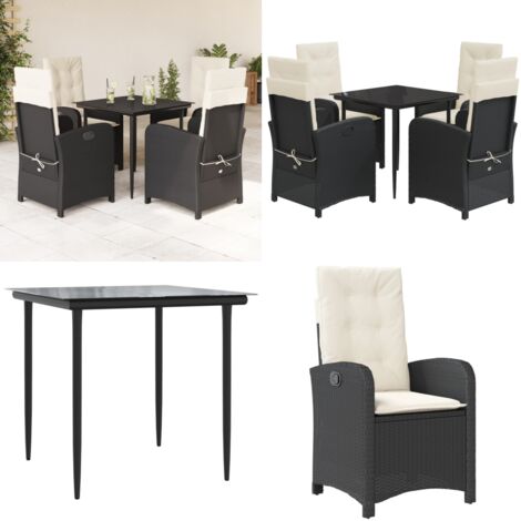 Set da Pranzo da Giardino 5 pz Nero con Cuscini in Polyrattan - Sedie da giardino reclinabili - Tavolo da giardino