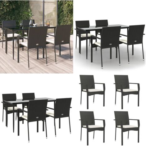 Set da Pranzo da Giardino 5 pz Nero con Cuscini in Polyrattan - Tavolo da giardino - Sedie da giardino