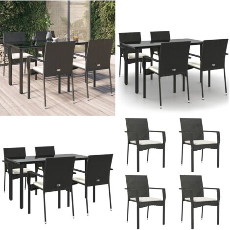 Set da Pranzo da Giardino 5 pz Nero con Cuscini in Polyrattan - Tavolo da giardino - Sedie da giardino