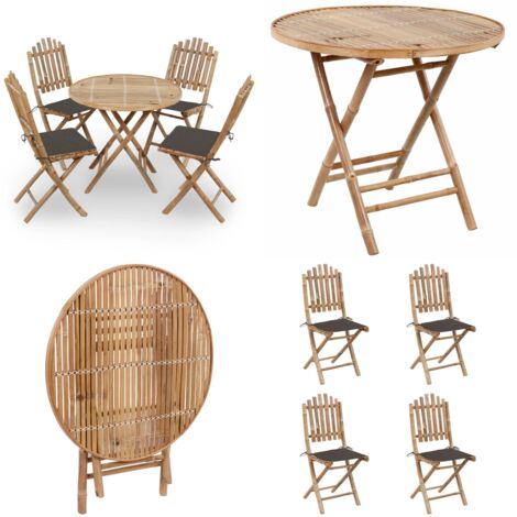 Set da Pranzo da Giardino 5 pz Pieghevole con Cuscini in Bambù - Tavolo in bambù - Sedie in bambù