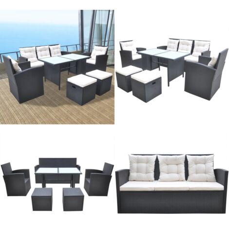 Set da Pranzo da Giardino 6 pz con Cuscini in Polyrattan Nero - Mobili da giardino - Divano da giardino
