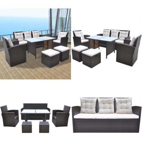Set da Pranzo da Giardino 6 pz con Cuscini Polyrattan Marrone - Mobili da giardino - Rattan