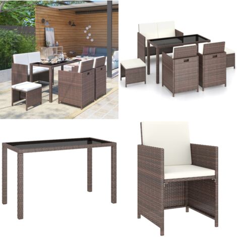 Set da Pranzo da Giardino 6 pz con Cuscini Polyrattan Marrone - Rattan - Cuscini da pranzo