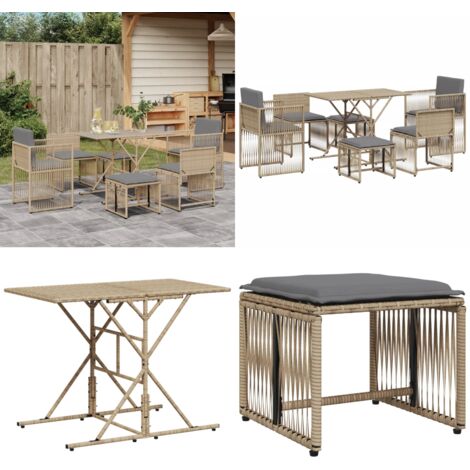 Set da Pranzo da Giardino 7 pz con Cuscini Beige in Polyrattan - Sedie da giardino - Poltrone da giardino