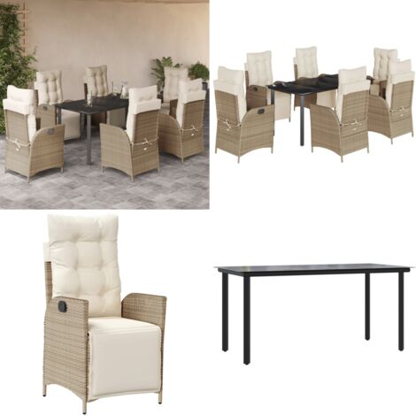 Set da Pranzo da Giardino 7 pz con Cuscini Beige in Polyrattan - Sedie da giardino reclinabili - Tavolo da giardino