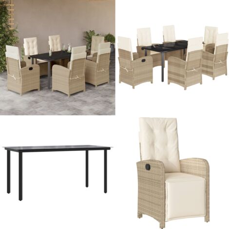 Set da Pranzo da Giardino 7 pz con Cuscini Beige in Polyrattan - Sedie da giardino reclinabili - Tavolo da giardino