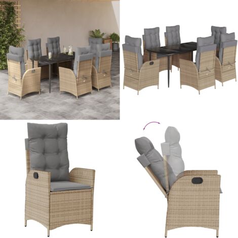 Set da Pranzo da Giardino 7 pz con Cuscini Beige in Polyrattan - Sedie da giardino reclinabili - Tavolo da giardino