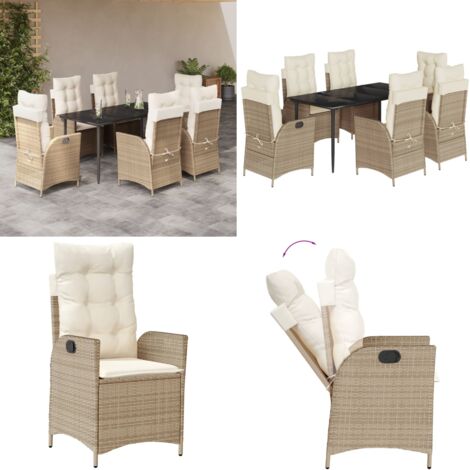 Set da Pranzo da Giardino 7 pz con Cuscini Beige in Polyrattan - Sedie da giardino reclinabili - Tavolo da giardino