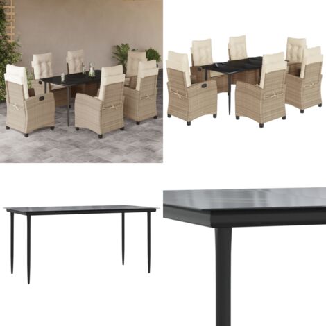 Set da Pranzo da Giardino 7 pz con Cuscini Beige in Polyrattan - Sedie da giardino reclinabili - Tavolo da giardino