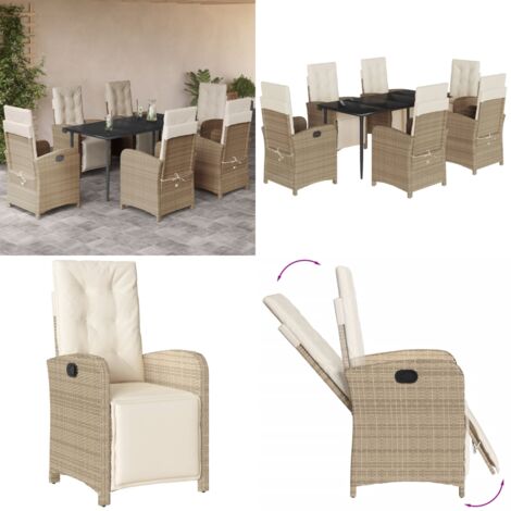 Set da Pranzo da Giardino 7 pz con Cuscini Beige in Polyrattan - Sedie da giardino reclinabili - Tavolo da giardino