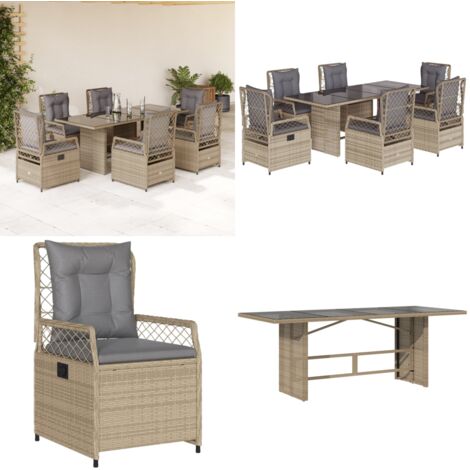 Set da Pranzo da Giardino 7 pz con Cuscini Beige in Polyrattan - Sedie da giardino reclinabili - Tavolo da giardino