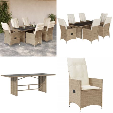 Set da Pranzo da Giardino 7 pz con Cuscini Beige in Polyrattan - Sedie da giardino reclinabili - Tavolo da giardino