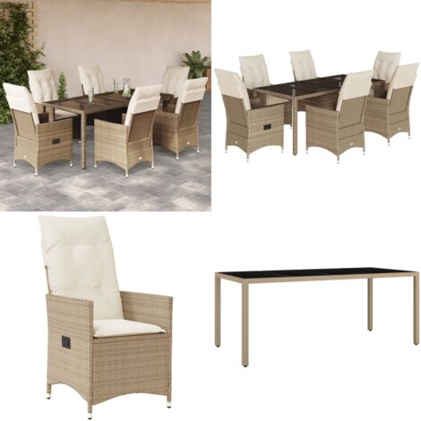 Set da Pranzo da Giardino 7 pz con Cuscini Beige in Polyrattan - Sedie da giardino reclinabili - Tavolo da giardino