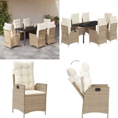Set da Pranzo da Giardino 7 pz con Cuscini Beige in Polyrattan - Sedie da giardino reclinabili - Tavolo da giardino