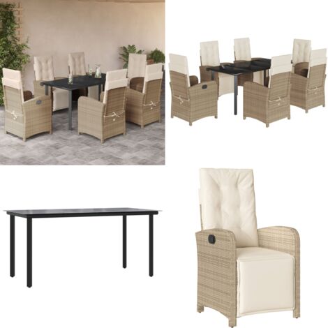Set da Pranzo da Giardino 7 pz con Cuscini Beige in Polyrattan - Sedie da giardino reclinabili - Tavolo da giardino