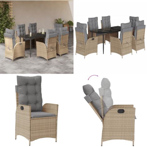 Set da Pranzo da Giardino 7 pz con Cuscini Beige in Polyrattan - Sedie da giardino reclinabili - Tavolo da giardino