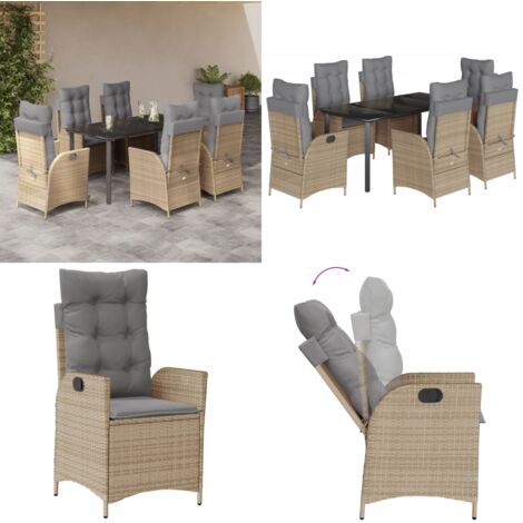 Set da Pranzo da Giardino 7 pz con Cuscini Beige in Polyrattan - Sedie da giardino reclinabili - Tavolo da giardino