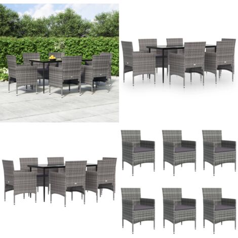 Set da Pranzo da Giardino 7 pz con Cuscini Grigio e Nero - Tavolo da pranzo da esterno - Sedie da giardino