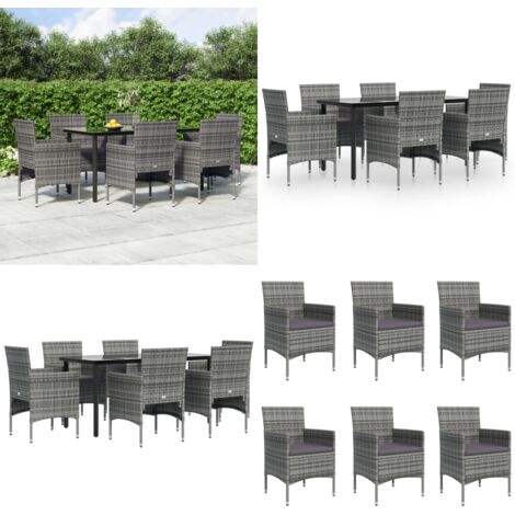 Set da Pranzo da Giardino 7 pz con Cuscini Grigio e Nero - Tavolo da pranzo da esterno - Sedie da giardino