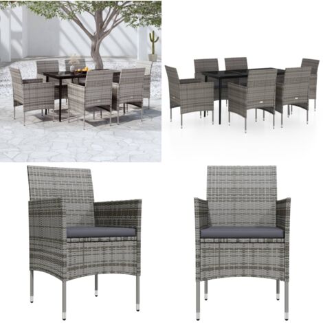 Set da Pranzo da Giardino 7 pz con Cuscini Grigio e Nero - Tavolo da pranzo da esterno - Sedie da giardino