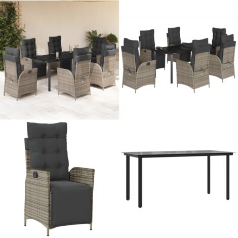 Set da Pranzo da Giardino 7 pz con Cuscini in Polyrattan Grigio - Sedie da giardino reclinabili - Tavolo da giardino
