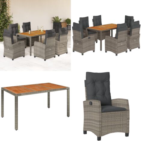 Set da Pranzo da Giardino 7 pz con Cuscini in Polyrattan Grigio - Sedie da giardino reclinabili - Tavolo da giardino