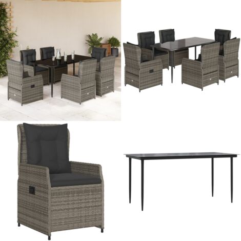 Set da Pranzo da Giardino 7 pz con Cuscini in Polyrattan Grigio - Sedie da giardino reclinabili - Tavolo da giardino